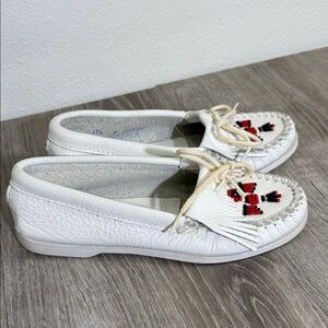 Minnetonka White Moccasins with Red and Black Beading